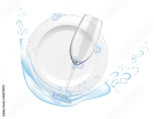 Clean plate and glass wines with water splash home or restaurant dishwashing vector illustration realistic style on white background