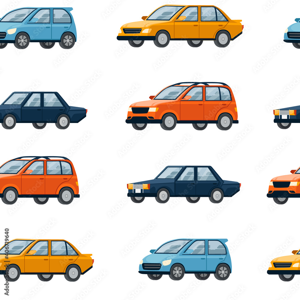 Seamless pattern of four different cars retro and modern city automotive vector illustration
