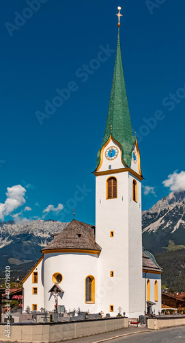 Beautiful church on a sunny day at Ellmau, Wilder Kaiser, Tyrol, Austria