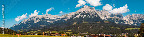 High resolution stitched panorama of a beautiful alpine summer view at Ellmau, Wilder Kaiser, Tyrol, Austria