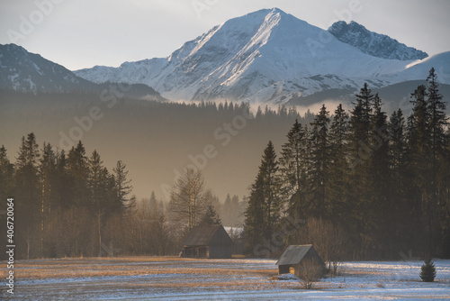 Fototapeta Naklejka Na Ścianę i Meble -  mountains during a frosty, brilliant sunrise, Tatra Mountains, Poland	