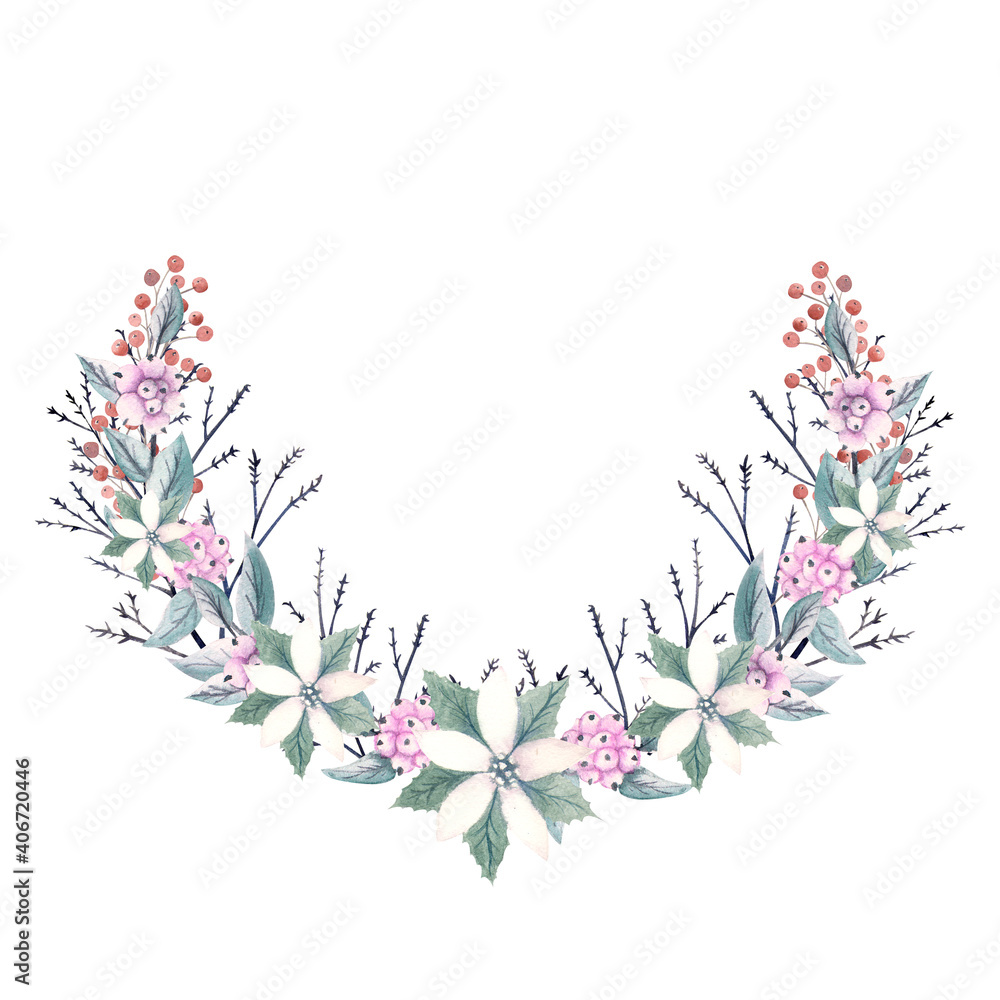 Winter wreath with puasentia flowers, red berries and decorative twigs. Watercolor illustration. Winter wreath with puasentia flowers, red berries and decorative twigs. Watercolor illustration.