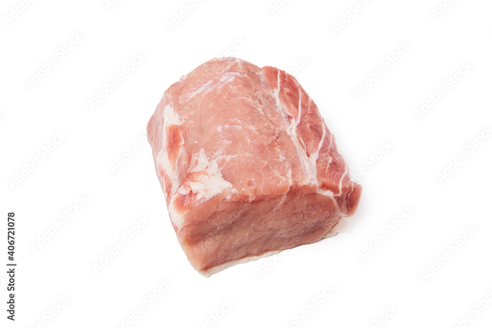 Raw pork meat isolated on white background. Whole piece of meat. Flat lay, top view Raw pork meat isolated on white background. Whole piece of meat. Flat lay, top view