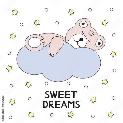 Cute bear sleeping on a cloud. Sweet dreams card.