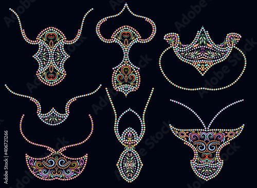 A set of beautiful pendants. Colorful design for jewelry. Isolated objects on a black background. Vector clipart