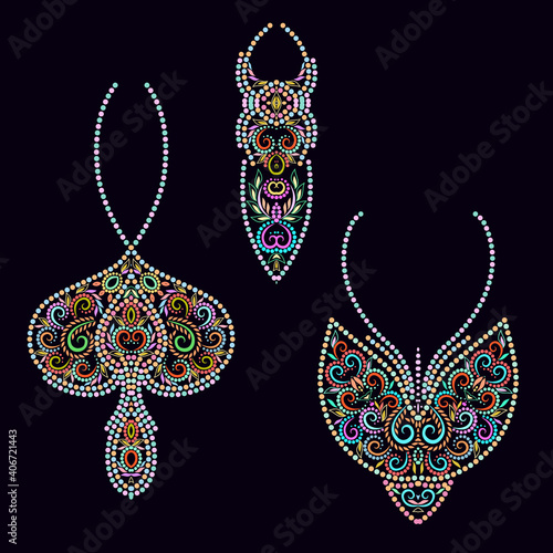 A set of beautiful pendants. Colorful design for jewelry. Isolated objects on a black background. Vector clipart