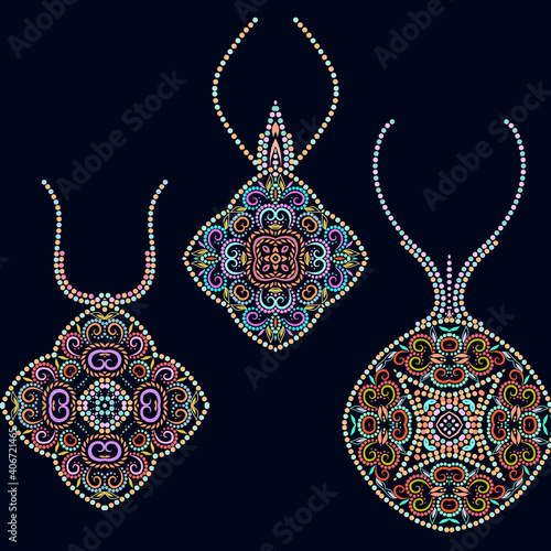 A set of beautiful pendants. Colorful design for jewelry. Isolated objects on a black background. Vector clipart