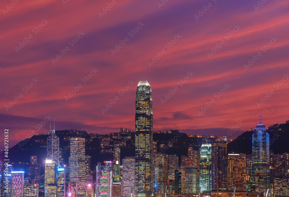 Skyline of downtown district of Hong Kong city at dusk