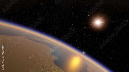 super-earth planet, realistic exoplanet, planet suitable for colonization, earth-like planet in far space, planets background 3d render photo