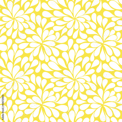 Vector floral seamless pattern with white drop-shaped petals on a yellow backdrop. 