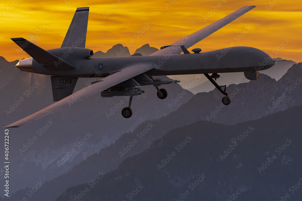General Atomics MQ-9 Reaper drone flying over the mountains at sunset.  Photos | Adobe Stock