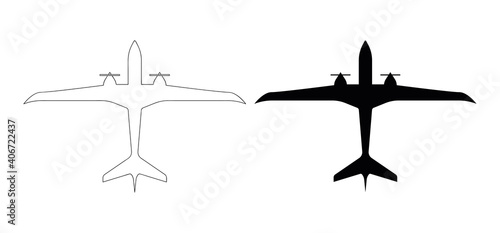 Monochrome unmanned aerial vehicle icon. Aviation technology military drone modern warfare. UAV has a modern outline with contours and icons. Top view UAV icon.