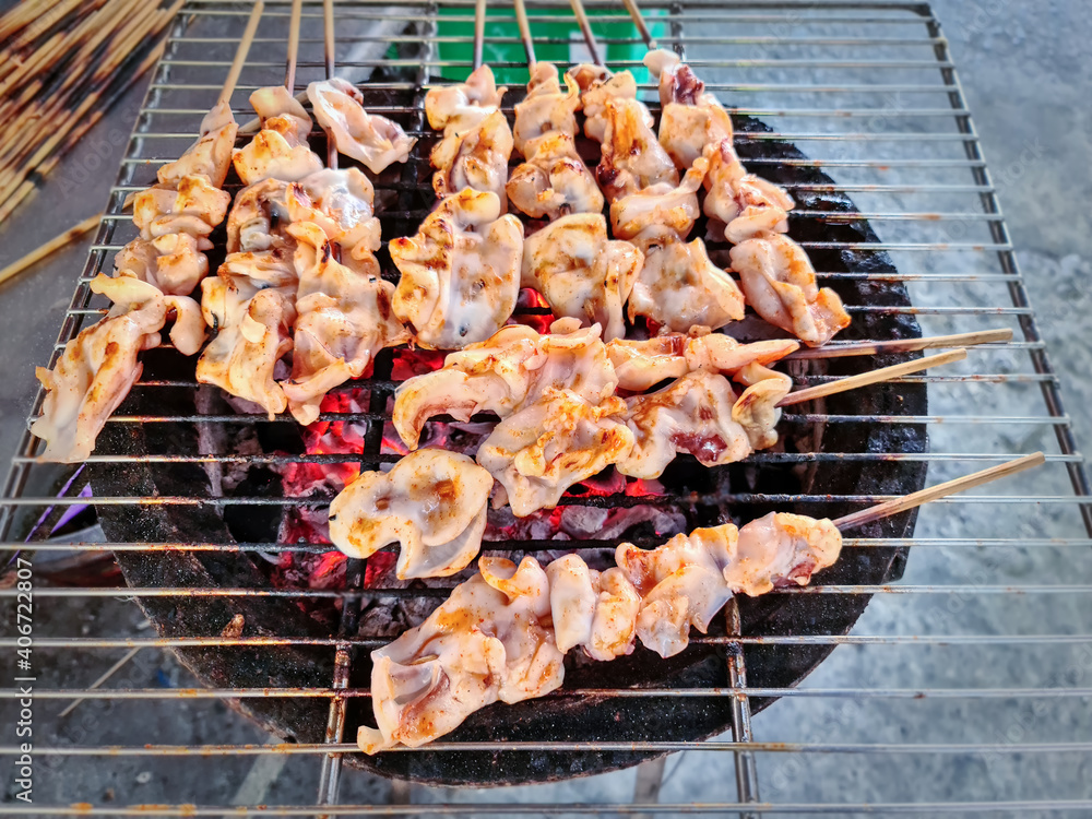 Grilled Squid Skewers For Sale at Market Stall