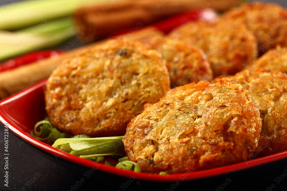 Oven fresh crispy baked meat cutlets -Asian cuisines background. Oven fresh crispy baked meat cutlets -Asian cuisines background.