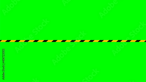 caution tape stripe on green screen background, green screen video and safety strip, warning tape line over green screen colour, ribbon yellow black striped on chroma key screen