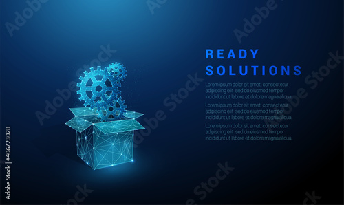 Low poly abstract open box with cog wheels.