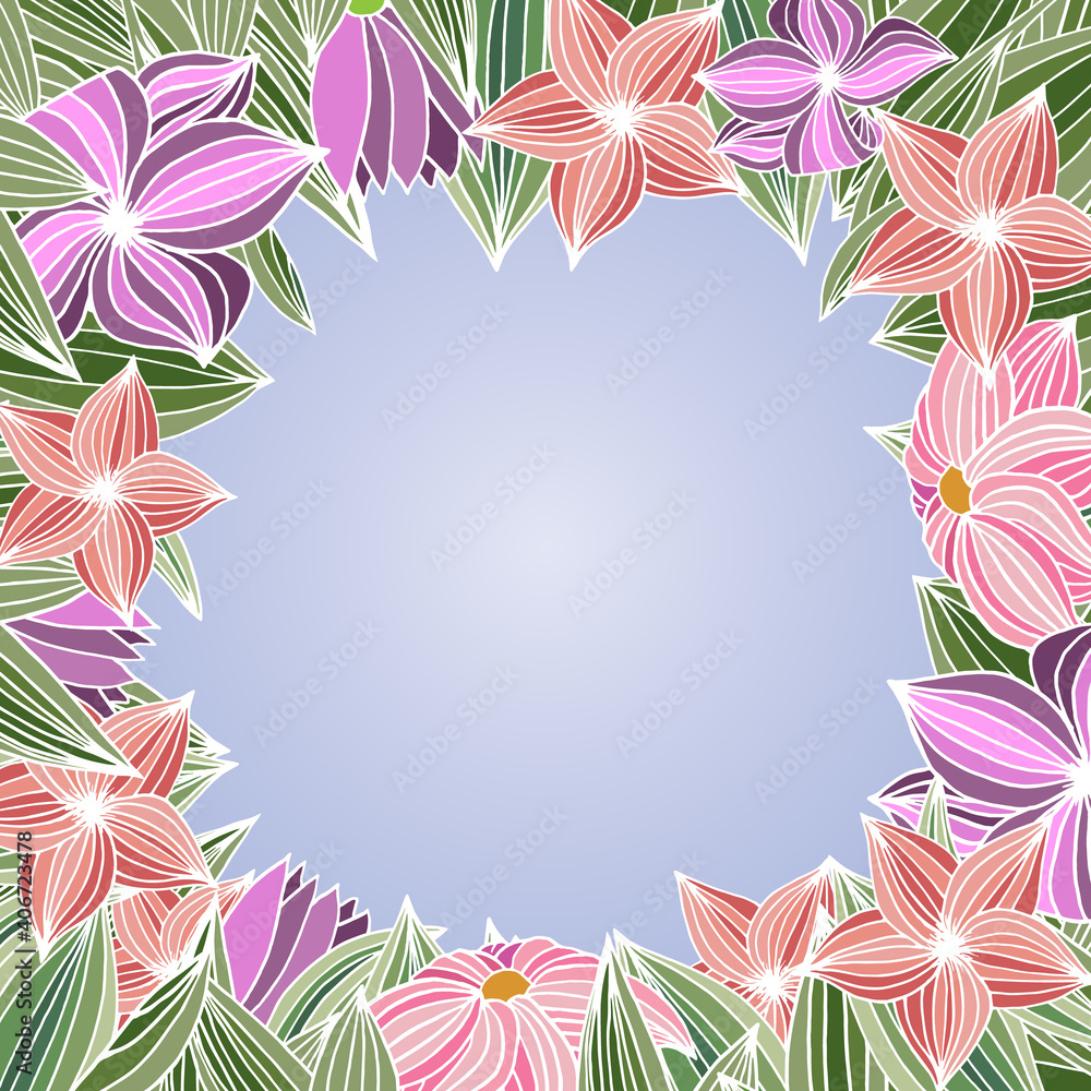 Floral frame on sky-blue background.