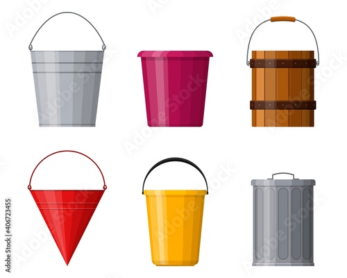Different buckets set isolated on white background. Steel, plastic and wooden bucket set for gardening, metal container for water and handles trash bin. Vector illustration