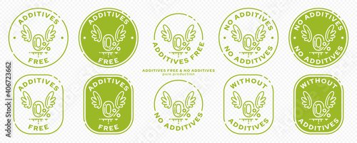 Conceptual stamps for packaging products. Labeling - no additives. Stamp with a flat icon of a zero with wings - a symbol of the liberated, free. The product is free of absorbable ingredient. Vector