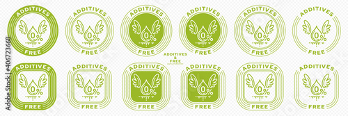 Сonceptual stamps for packaging products. Labeling - no additives. Stamp with the symbol of the exempt, free. A blob with wings and a symbol of a flowing ingredient. Vector grouped elements.