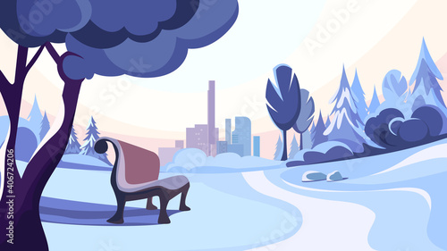 Winter park on background of city. Beautiful nature landscape.