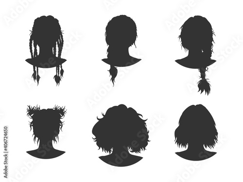 Vector set of six different women heads silhouettes with hairstyles. Hand drawn. Black images on white background.