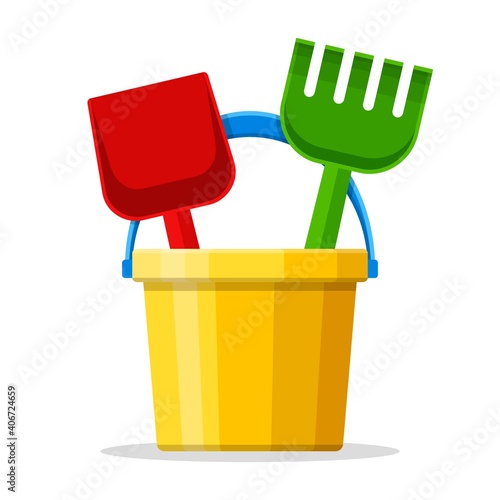 Baby bucket, spade and rake isolated on white background. Toys set for children sandbox and playground, little bucket and shovel. Vector illustration