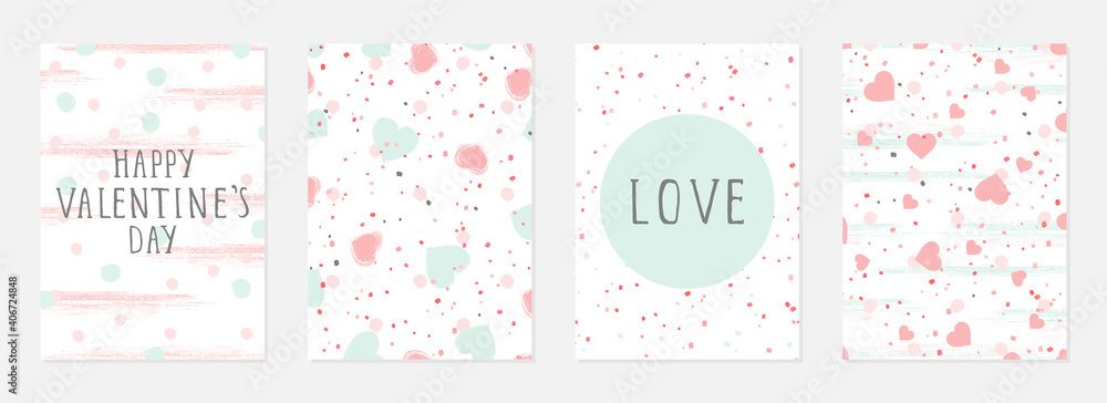 Valentine day cards with watercolor hearts,  grunge elements and hand drawn lettering. Vector backgrounds set.