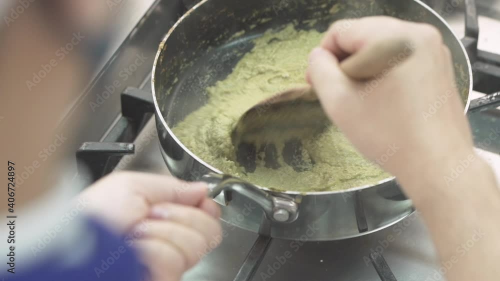 Cooking Green curry Paste in pan Cooking Green curry Paste in pan