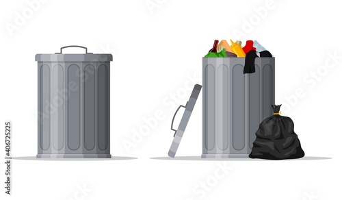 Steel garbage bin full of trash and container with closed lid. Trash can with rubbish isolated on white background. Wheelie bin and trash bag. Scene with pile of waste, Vector illustration