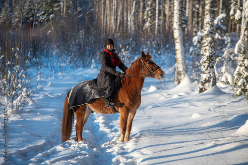 Woman horseback riding in snowy forest in winter in Finland © citikka
