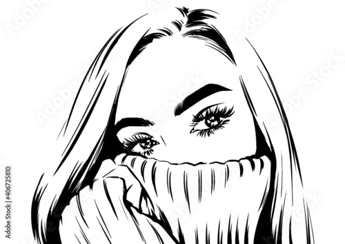 Woman holding sweater collar