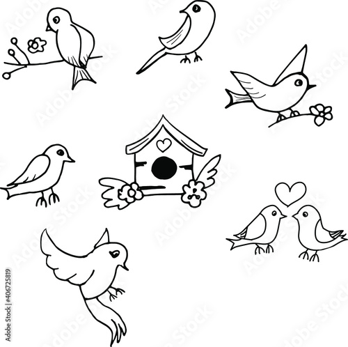 set of spring birds and birdhouse in vector