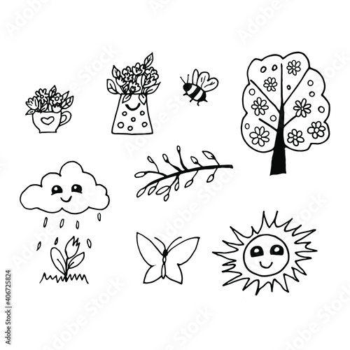 set of spring elements nature butterflies beetles flowers