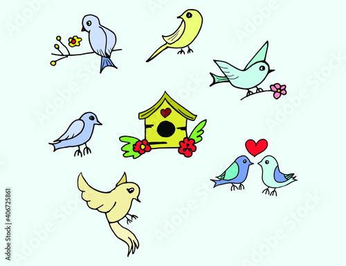 set of spring birds and birdhouse in vector