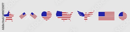 USA flags set. USA flag. USA flag in the form of a heart. American eagle. USA flag in the form of a star. Vector illustration. National american holiday