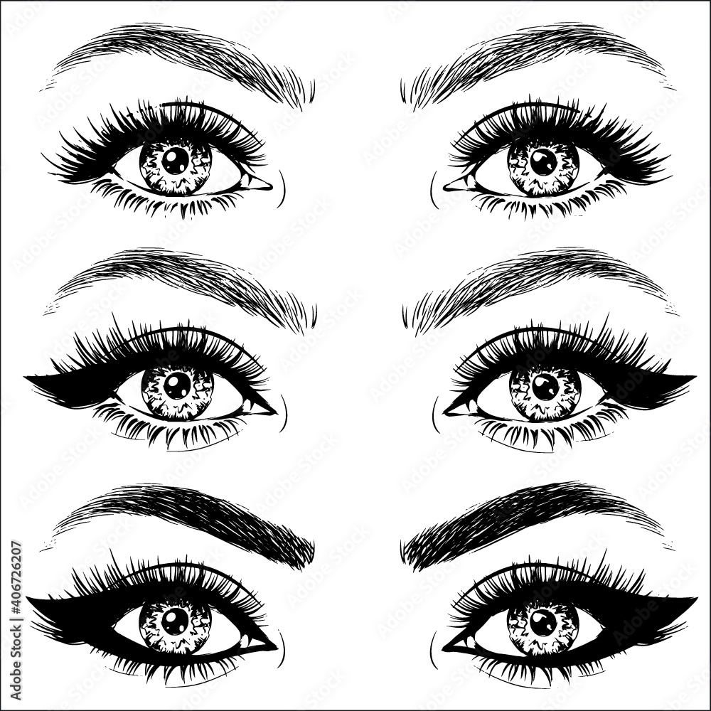 Fashion illustration of the eyes with different makeup