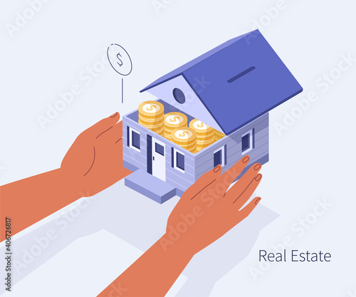 Character Hands Holding Home full of Money. People Invest Money in Real Estate Property. House Loan, Rent and Mortgage Concept. Flat Isometric Vector Illustration.