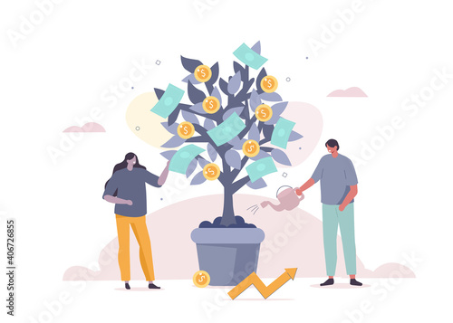 People Characters Watering and Harvesting Money Tree. Woman Picking Coins and Banknotes. Financial Investing, Money Grow and Savings Concept. Flat Cartoon Vector Illustration.