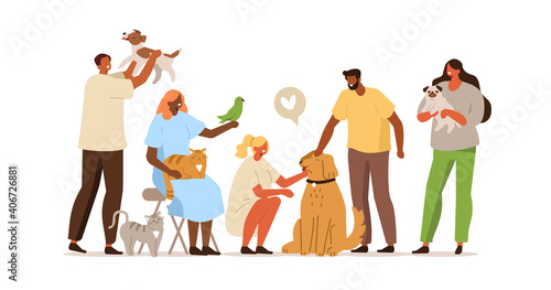 
People in Animal Shelter Playing, Relaxing and Spending Time with Pets. Characters Take Care of Dogs, Cats and Bird. Pet Sitters and Animal Lovers Concept.  Flat Cartoon Vector Illustration.