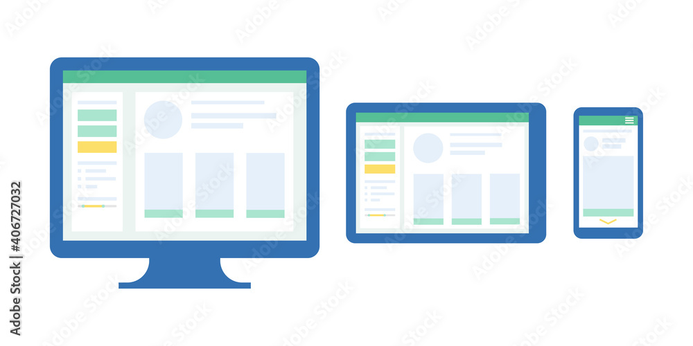 Computer, tablet and phone. Interface for different devices. Web site and application development. Vector illustration in flat style Computer, tablet and phone. Interface for different devices. Web site and application development. Vector illustration in flat style