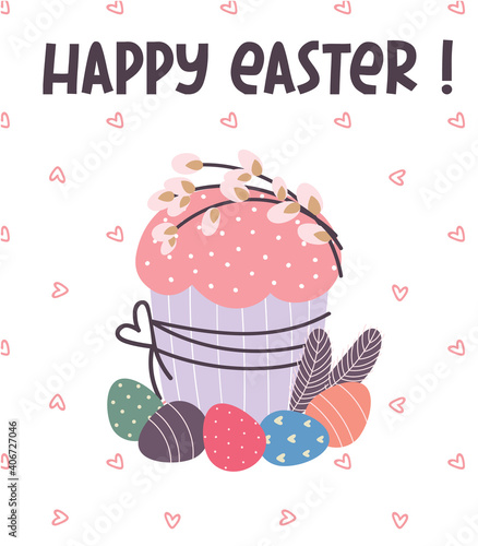  Happy Easter greeting card. Easter cake  painted eggs  willow twigs. flat vector illustration