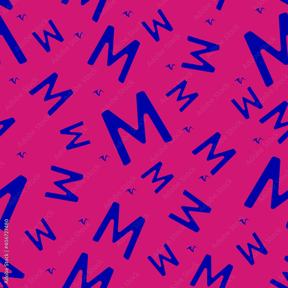 Blue seamless pattern with the letter M on a red background. Minimalistic freehand drawing style. Background for fabric, wallpaper, bed linen. Vector illustration. Blue seamless pattern with the letter M on a red background. Minimalistic freehand drawing style. Background for fabric, wallpaper, bed linen. Vector illustration.