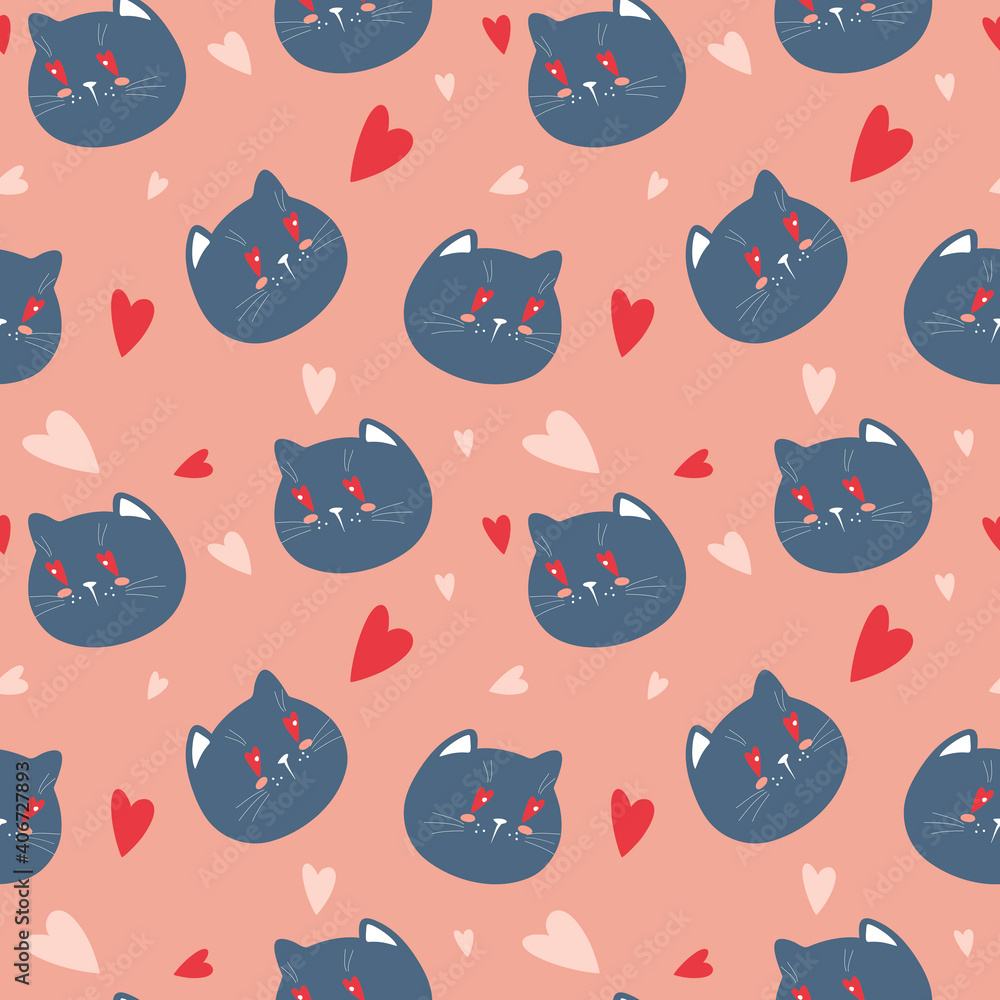 vector seamless background with cats faces and hearts on a pink background, pattern for valentine's day vector seamless background with cats faces and hearts on a pink background, pattern for valentine's day