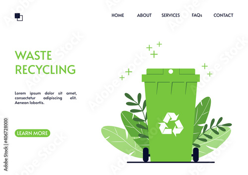 Recycling landing page. Green trash can on a background of leaves. Waste conversion and use of secondary raw materials. Landing page design. Vector illustration in a flat style.