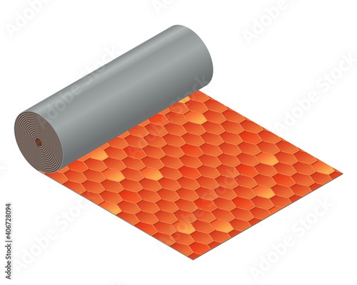 Isometric vector illustration roll red shingles bitumen roofing cover isolated on white background. Realistic shingles for roof covering vector icon in flat cartoon style. Construction material.