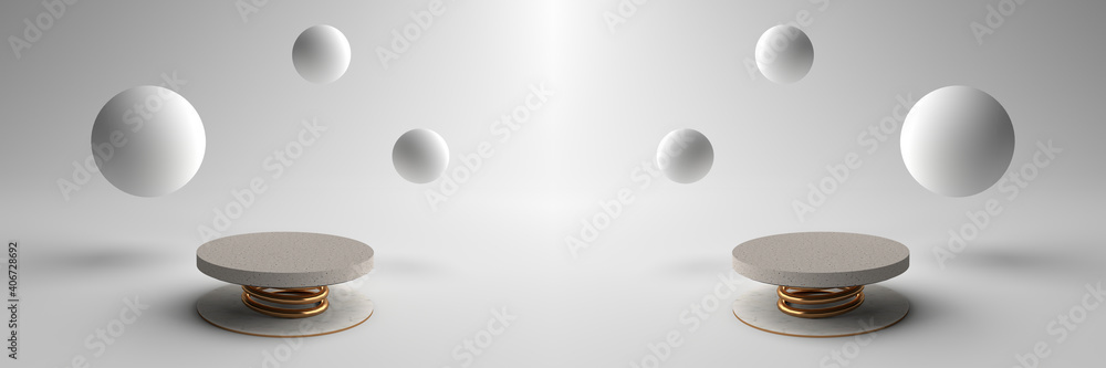 3D rendering of Minimal abstract scene with Round stone Pedestal with gold spring and Surrounded by round objects. Podium can be used for advertising, Isolated on white background. Display product. 3D rendering of Minimal abstract scene with Round stone Pedestal with gold spring and Surrounded by round objects. Podium can be used for advertising, Isolated on white background. Display product.