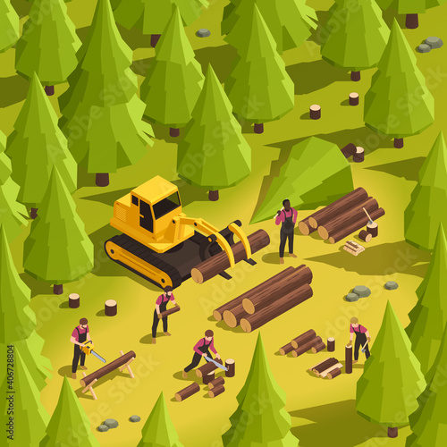 Isometric Sawmill Lumberjack Illustration