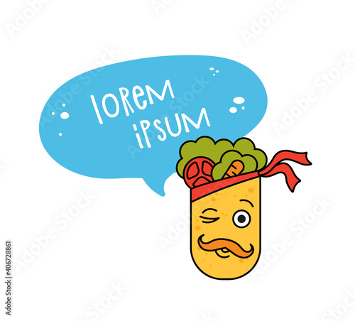 Shawarma character cartoon logo Vector funny gyro with chef hat isolated white turquoise background. Comic style logo with contour