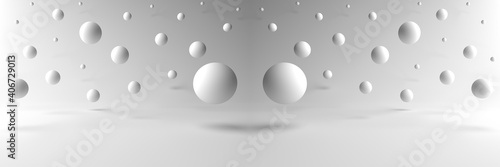 3D rendering of Minimal abstract scene with Spherical objects floating on many white backgrounds. Independent floating round object, Isolated on white background. Display product, illustration.